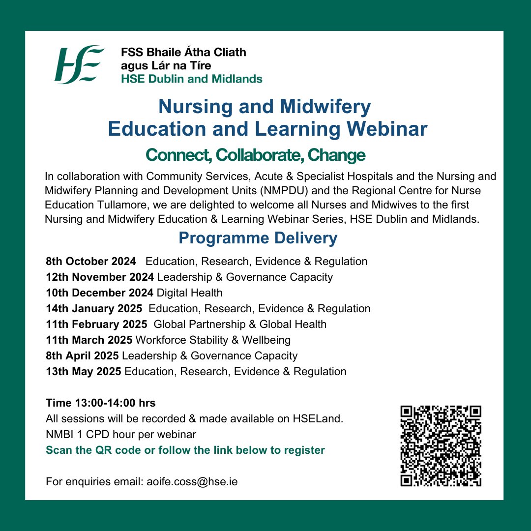A great turnout today for the first Nursing and Midwifery Education and Learning Webinar Series, HSE Dublin and Midlands. A very engaging theme on “Education, Research, Evidence and Regulation.”

Registration is now open for all webinars in the series: bit.ly/4etDPfN