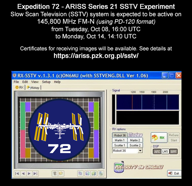 Incoming <a href="/ARISS_Intl/">ARISS - Amateur Radio on the ISS</a> #SSTV activity 

Testing new #HAM gear onboard the #ISS

Downlink 145,800 MHz FM-N PD120 MODE
from Oct, 08 16:00 to Oct 14 14:10 (UTC)

Upload images spaceflightsoftware.com/ARISS_SSTV

and request award
ariss.pzk.org.pl/sstv/

#Expedition72