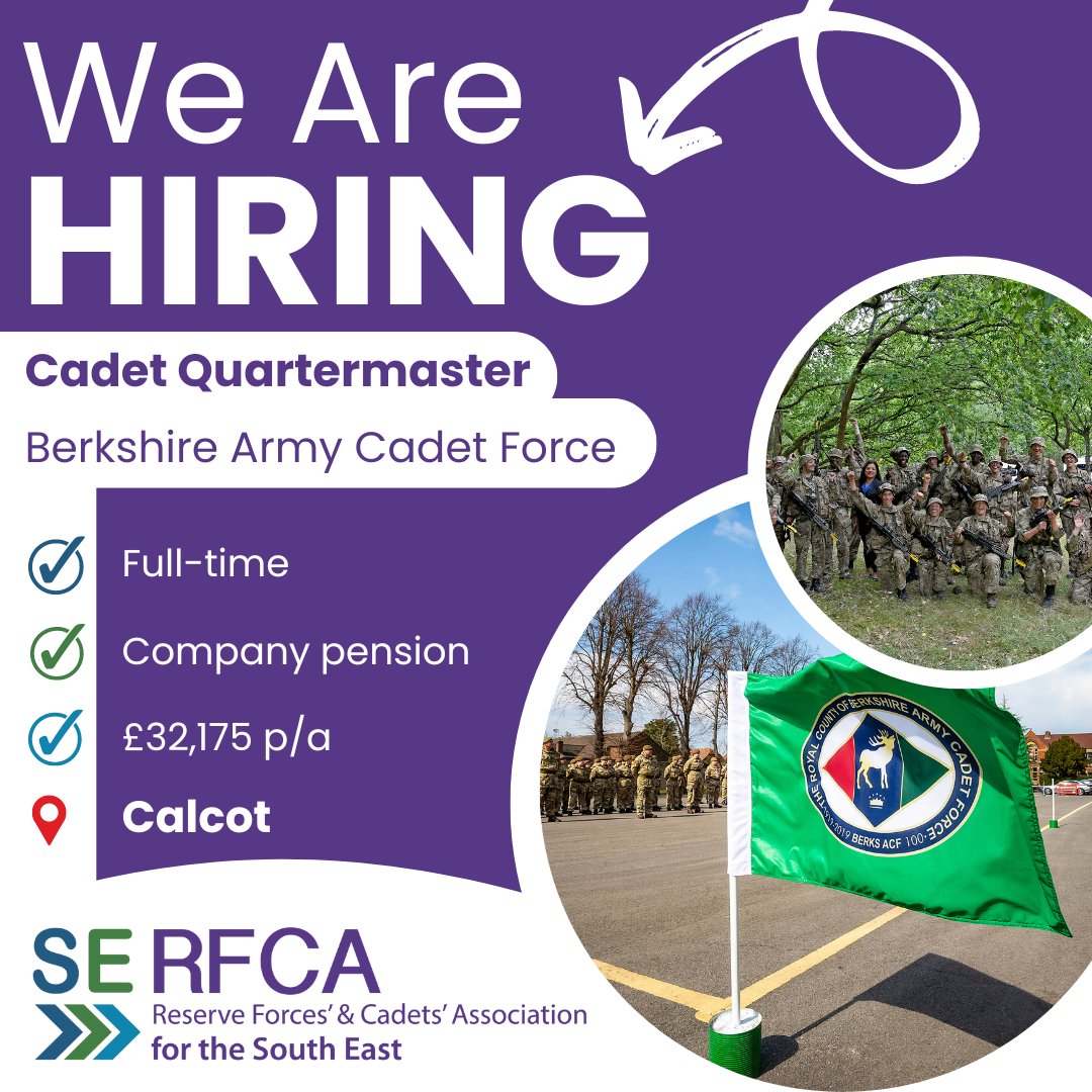 SouthEastRFCA's tweet photo. Looking for a full-time role in the #ArmyCadetForce?
Applications close on 20/10/2024 with interviews taking place on 28/10/2024.
To find out more and apply ➡️https://t.co/0lNEmUe3vt
#NewJob #WeAreHiring #SERFCA #SouthEastCadets #Berkshire #Calcot @BerksArmyCadets https://t.co/P2yi07dhst
