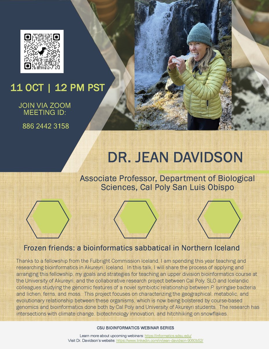 Dr. Jean Davidson (@jeanmdavidson) on Twitter photo Excited to speak at the CSU Bioinformatics Seminar series this Friday at 12pm PST about my incredible <a href="/FulbrightPrgrm/">The Fulbright Program</a> experience in Iceland, bringing together projects from <a href="/Haskolinn_Ak/">Háskólinn á Akureyri / University of Akureyri</a> and <a href="/CalPolyCSM/">Cal Poly Bailey College of Science and Mathematics</a> Excited to speak at the CSU Bioinformatics Seminar series this Friday at 12pm PST about my incredible <a href="/FulbrightPrgrm/">The Fulbright Program</a> experience in Iceland, bringing together projects from <a href="/Haskolinn_Ak/">Háskólinn á Akureyri / University of Akureyri</a> and <a href="/CalPolyCSM/">Cal Poly Bailey College of Science and Mathematics</a>