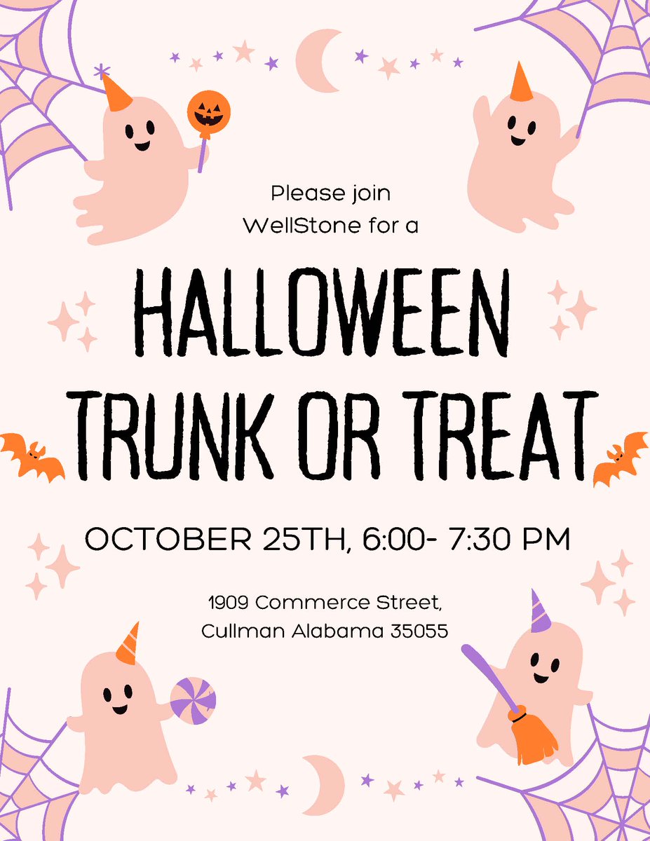 Calling📲 the cutest and scariest little ghosts 👻 and goblins 👺 in Cullman. WellStone's Commerce Street location is hosting a Halloween 👻TRUNK or TREAT 🍬🍬🍬 on October 25th. Please join us in the front parking lot, and be sure to bring your parents. 🤗