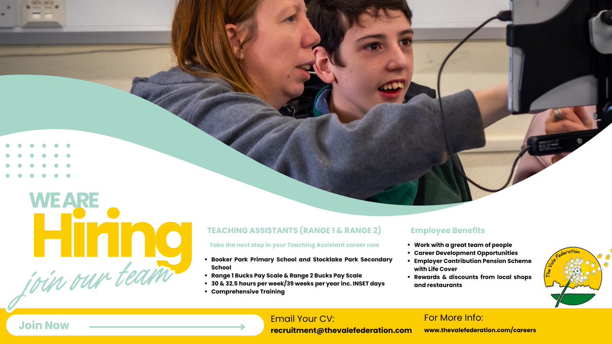 Are you looking for a varied and rewarding role? Do you enjoy working with people with special educational needs? We are are currently hiring Teaching Assistants at Booker Park Primary School and Stocklake Park Secondary School. Apply today: thevalefederation.com/careers/curren…

#teaching