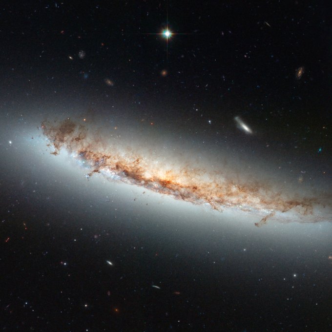 A bright galactic disk is seen edge-on, slightly curved upward on the left side. A white glow emanates from behind the galaxy, which is laced through with dark brown dust. The black background of space is dotted with stars and more distant galaxies.