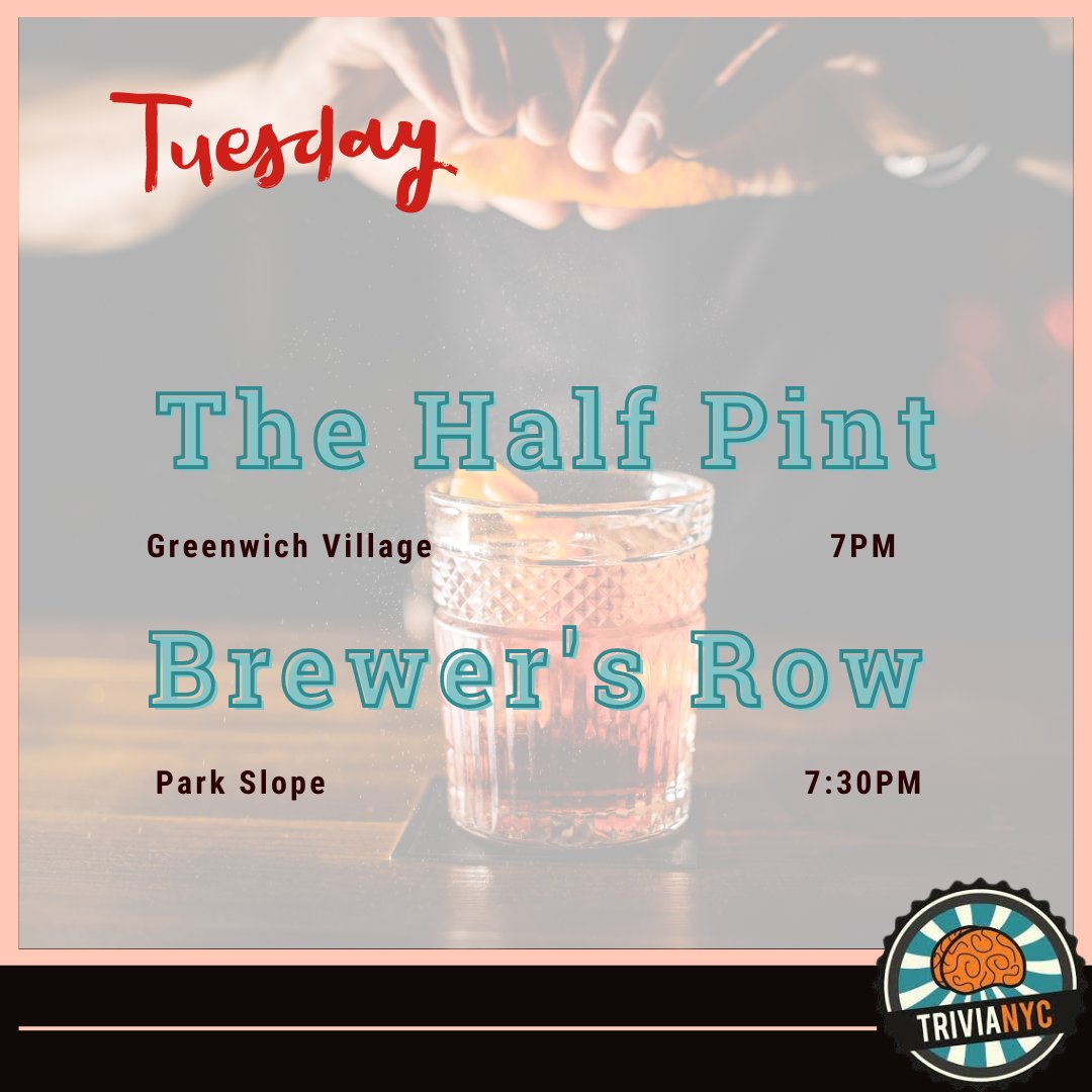 TriviaNYC's tweet photo. Come on out to both Park Slope and the village tonight! Host Jasmin Stanley @jasminhoststrivia is back at @thehalfpintnyc beginning at 7pm! Shawn will be at @brewersrownyc starting at 7:30pm! https://t.co/yVxP4V5KAp
