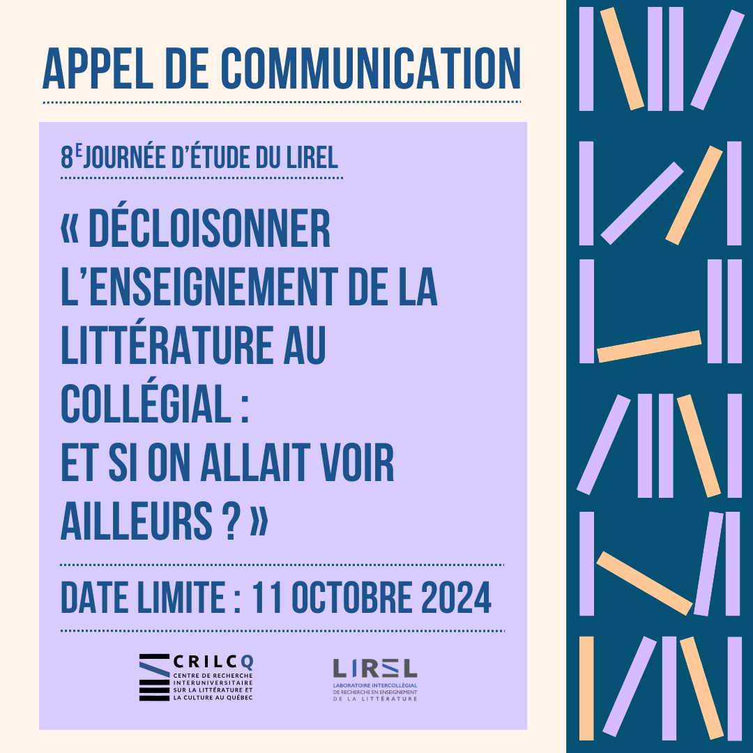 crilcq's tweet photo. ❗[DERNIER RAPPEL] L'appel pour la 8e journée d'étude annuelle du LIREL se termine cette semaine!

Cette édition se tiendra le 9 janvier 2025 au Cégep Garneau.

👇https://t.co/8hnPVDYNQf

#CommunautéFRQ #cegep #littqc #cultureQc #LIREL https://t.co/eu2VT8lJQG