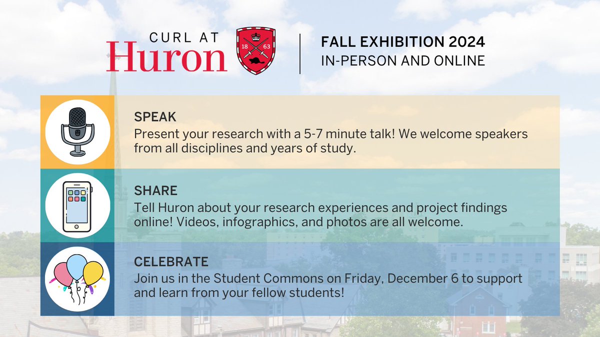 The CURL Fall Exhibition has something for everyone!⁠ ⁠
⁠
Whether you want to run a 5-7 minute lightning talk, create an infographic for Instagram, or just celebrate your fellow students' work, we'd love to have you 🥳⁠ ⁠
⁠
Details here: huronresearch.ca/curl/conferenc…