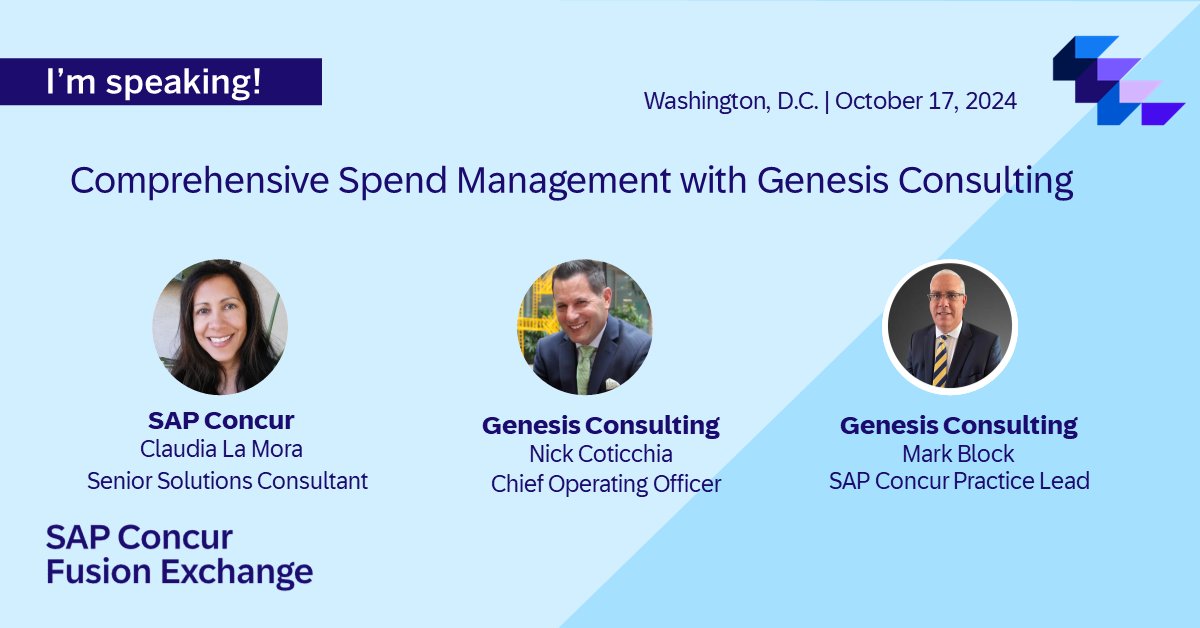 GenesisElevates's tweet photo. We’re speaking @SAPConcur Fusion Exchange DC Oct. 16-17! Join our session: Comprehensive Spend Management with Genesis Consulting on Oct 17 - Register today &amp; to join industry peers, SAP Concur experts and partners.
https://t.co/DukmHTbe3o
#SAPConcurFX #RegulatedIndustries #FXDC https://t.co/OxOgu3RLw7