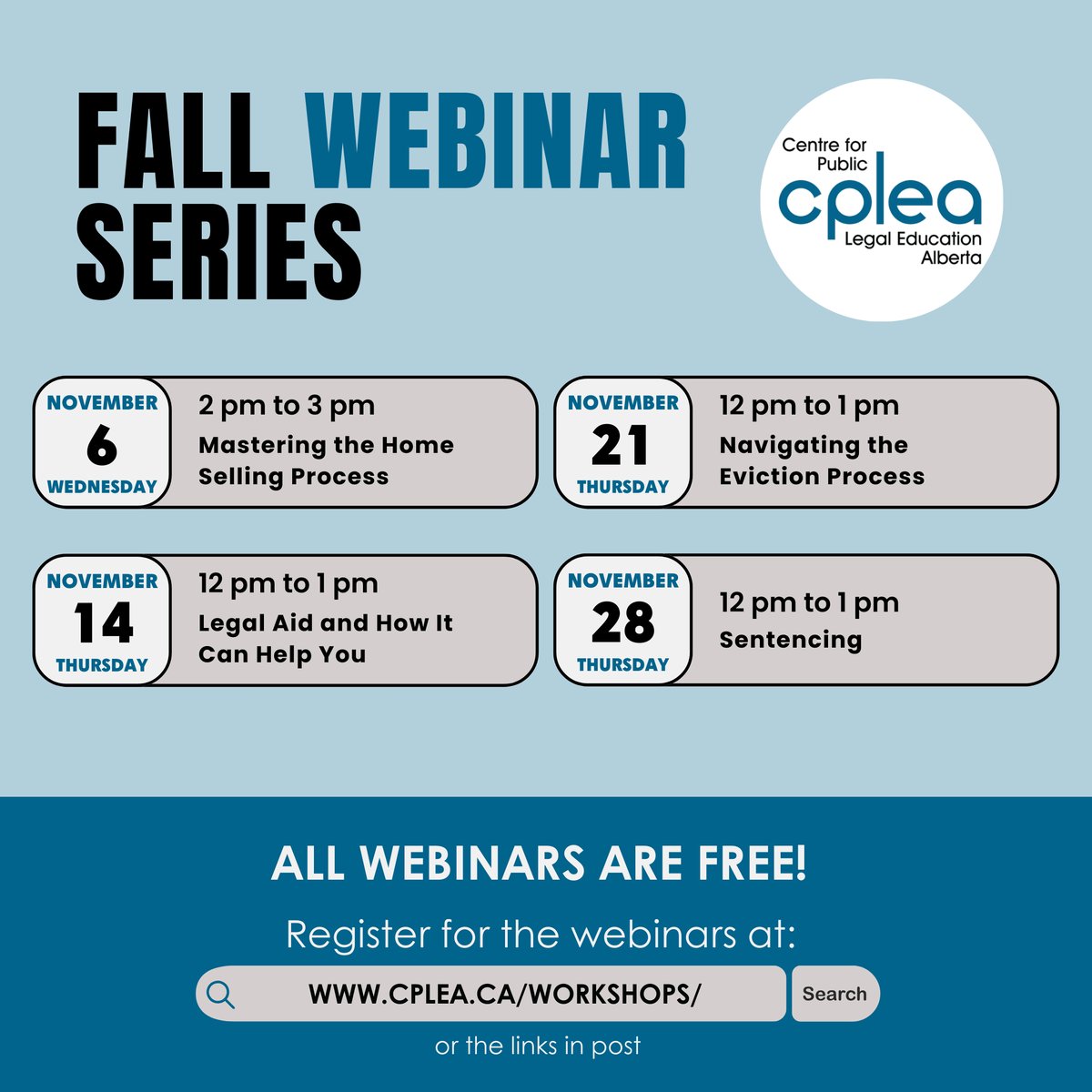📅 Mark Your Calendars! You're invited to CPLEA's Fall Webinar Series!

We’re excited to present four brand-new webinars this November, and the best part? They’re FREE to join!
📆 November 6: 1pm-2pm | Mastering the Home Selling Process – qrco.de/HomeSellingWeb…
📆 November 14: