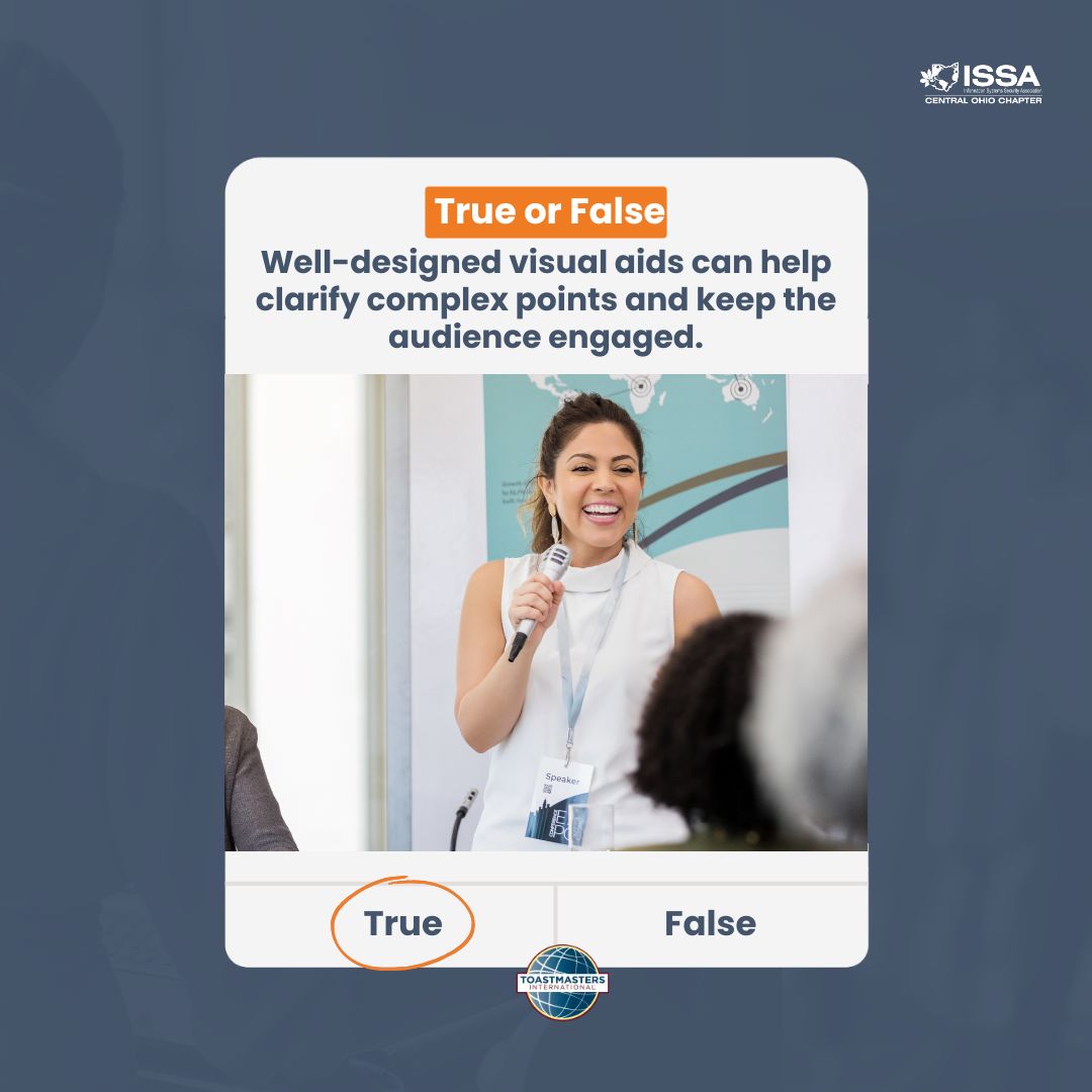 ✅True: Well-designed visual aids can help clarify complex points and keep the audience engaged.
Looking to enhance your leadership abilities? Join the COISSA Toastmasters group and take the next step in your professional growth. centralohioissa.org/trending-news/…