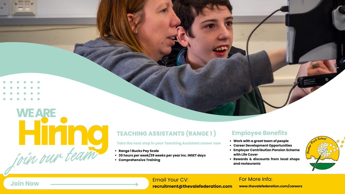 Are you looking for a varied and rewarding role? Do you enjoy working with people with special educational needs? We're currently hiring Teaching Assistants - Range 1, at Booker Park Primary School. Apply today, visit; thevalefederation.com/careers/curren…

#Teaching #Buckscareers