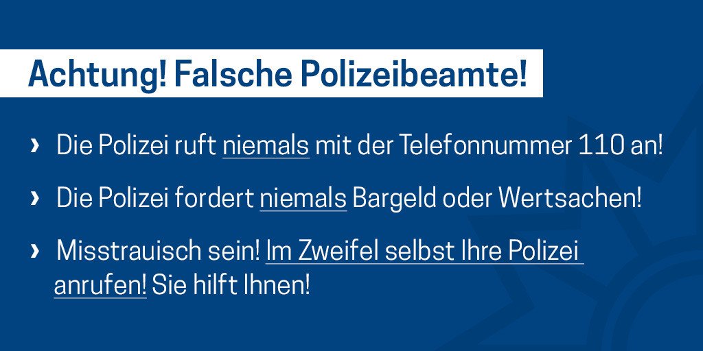 PolizeiUL's tweet photo. #WARNMELDUNG❗
Aktuell verzeichnen wir im Bereich #Schwendi & #Laupheim eine Vielzahl von Anrufen mit der Masche "#Falsche #Polizeibeamte".
Es ist nicht auszuschließen, dass auch Bewohner anderer Regionen im Bereich des Polizeipräsidiums #Ulm solche Anrufe erhalten. 🚔 https://t.co/PGhQ1d3W6a