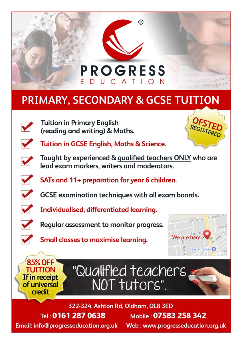 Progress_ed's tweet photo. Looking for tuition in primary, KS3 and GCSE English, maths and science using qualified teachers only? Look no further and come and join us  #schools #students #OldhamHour #GCSE #pupils
@Oldham_Hour https://t.co/uGf3Gb8vXO