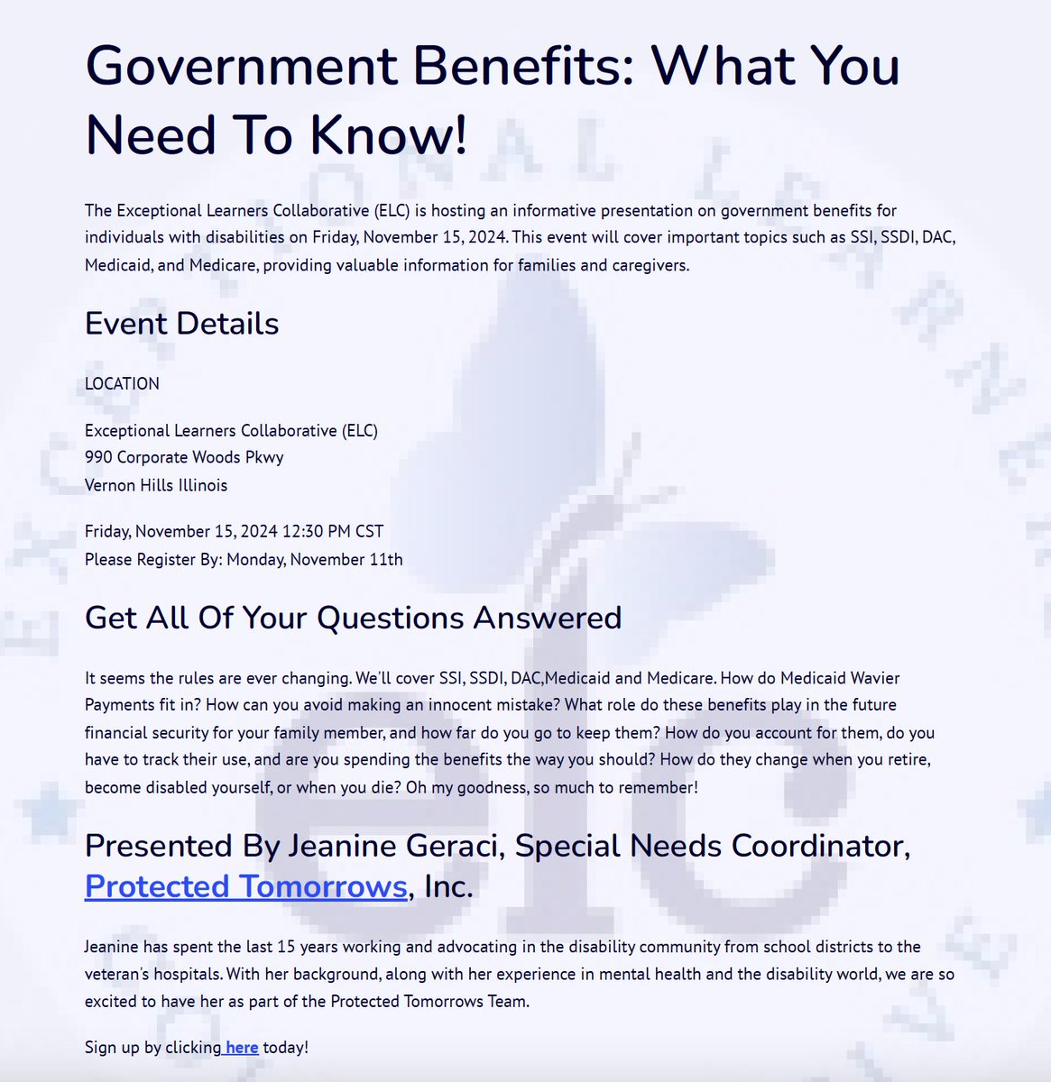 We are excited to bring back Protected Tomorrows for one of the most critical topics in transition planning next month!
Please see the attached flyer for details on our November 15th workshop.
Register early by clicking here:
docs.google.com/forms/d/e/1FAI…