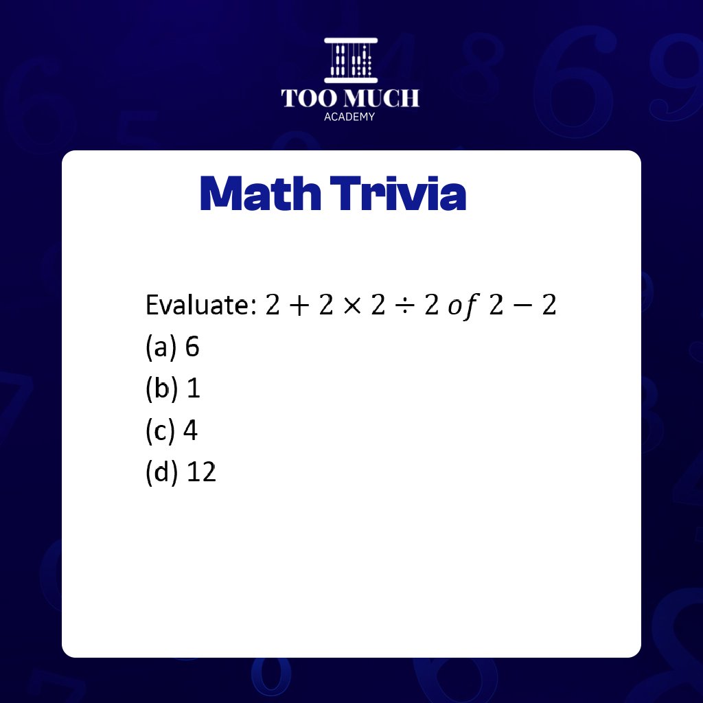 Ready to flex your math muscles? 

Put your skills to the test with our math trivia! Don't be fooled by its simplicity. Join the fun and see if you can outsmart your friends.

Put your answer in the comment section. 

#MathPuzzle #TriviaTuesday #ThinkOutsideTheBox