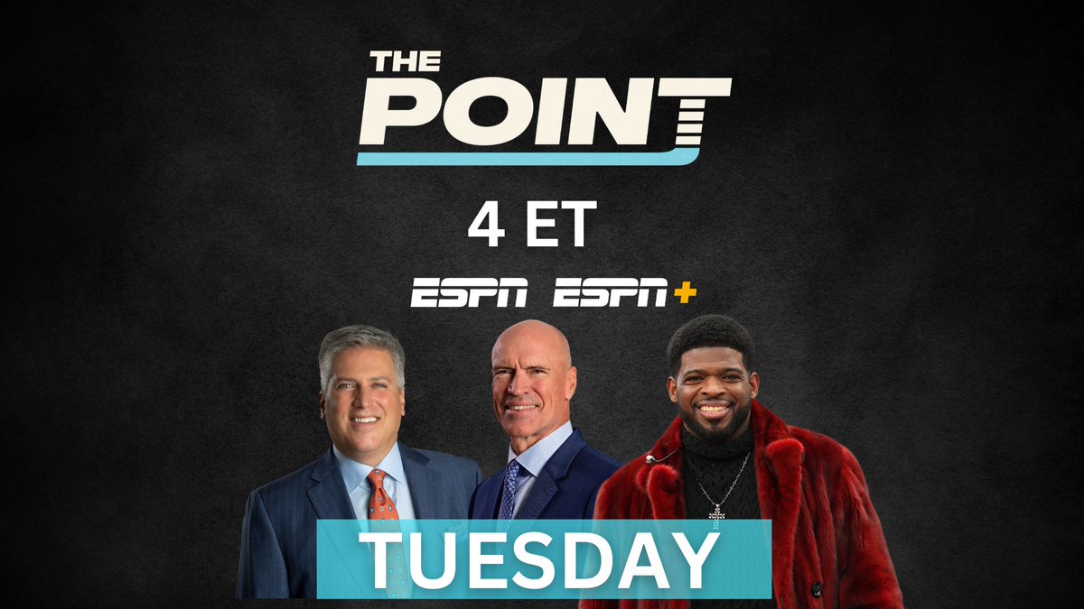 ESPN PR (@espnpr) on Twitter photo Tuesday, The Point returns for #NHL opening night with <a href="/espnSteveLevy/">Steve Levy</a>, Mark Messier & <a href="/PKSubban1/">P.K. Subban</a> live from Salt Lake City, Utah
• Interviews with NHL Commissioner Gary Bettman & #UtahHC Owner Ryan Smith
• Remembering Johnny & Matthew Gaudreau
🏒 4p ET | ESPN, ESPN+ Tuesday, The Point returns for #NHL opening night with <a href="/espnSteveLevy/">Steve Levy</a>, Mark Messier & <a href="/PKSubban1/">P.K. Subban</a> live from Salt Lake City, Utah
• Interviews with NHL Commissioner Gary Bettman & #UtahHC Owner Ryan Smith
• Remembering Johnny & Matthew Gaudreau
🏒 4p ET | ESPN, ESPN+