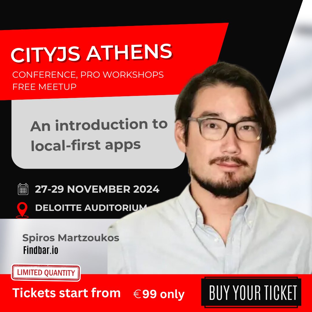 cityjsconf's tweet image. #SpeakerAnnouncement 

We are thrilled to have with us @martzoukos on a talk that will introduce local-first apps!

Lets find out at #CityJSAthens November 
athens.cityjsconf.org