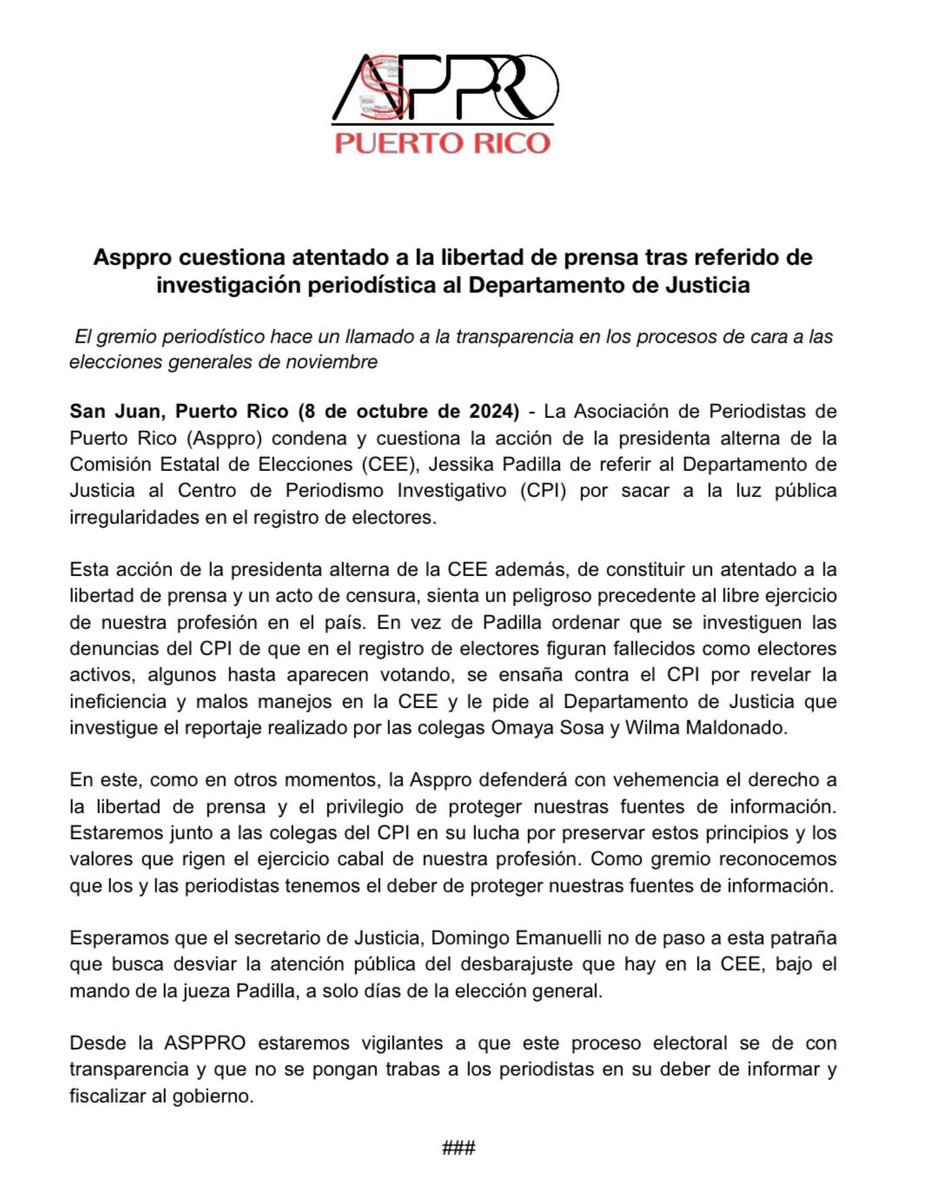 🛑📄 [COMUNICADO] La Asppro cuestiona atentado a la libertad de prensa tras referido de  investigación periodística al Departamento de Justicia.
