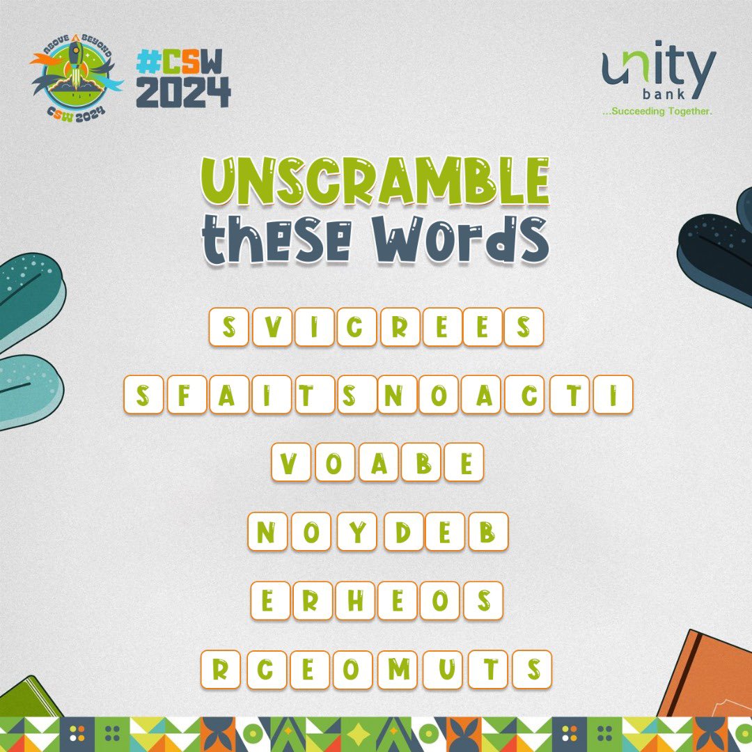 It’s Day 2 of our CSW Games!! 

Participate and win amazing rewards. 

Here’s how to win👇🏾

- Answer the question correctly 
- ⁠You must be following @unitybankplc
- ⁠You must have a Unity Bank account

Terms and Conditions Apply 

#CustomerServiceWeek #SucceedingTogether