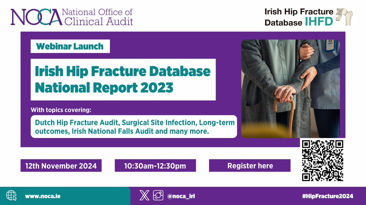 📢 Registration is now open! Join us on the 12th November from 10:30am-12:30pm for the launch of the Irish Hip Fracture Database National Report 2023. 

We’ll explore the key findings and recommendation arising from the report, as well as related topics such as surgical site