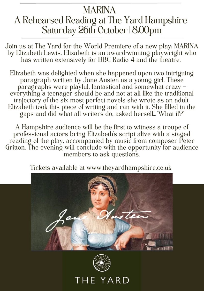 Isabella Inchbald (@issyinchbald) on Twitter photo Very excited to be performing in MARINA by <a href="/ElizabethLewis9/">Elizabeth Lewis</a>. Come along and be one of the first to hear the newest story in the world of Jane Austen.
#JaneAusten #theatre Very excited to be performing in MARINA by <a href="/ElizabethLewis9/">Elizabeth Lewis</a>. Come along and be one of the first to hear the newest story in the world of Jane Austen.
#JaneAusten #theatre