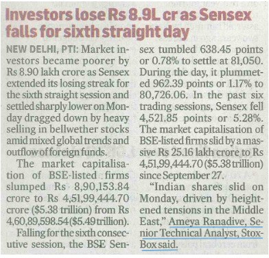 ameyaranadive12's tweet photo. 🚨📰 "Sensex tumbles for 6th day, extends losing run"
Read my analysis in @DeccanHerald on heavy selling and foreign outflows driving market losses.

#SensexCrash #StockMarketAnalysis #TechnicalAnalysis #MarketMovers #StoxBox #CMT #CFTe https://t.co/mrDIWVhgqz