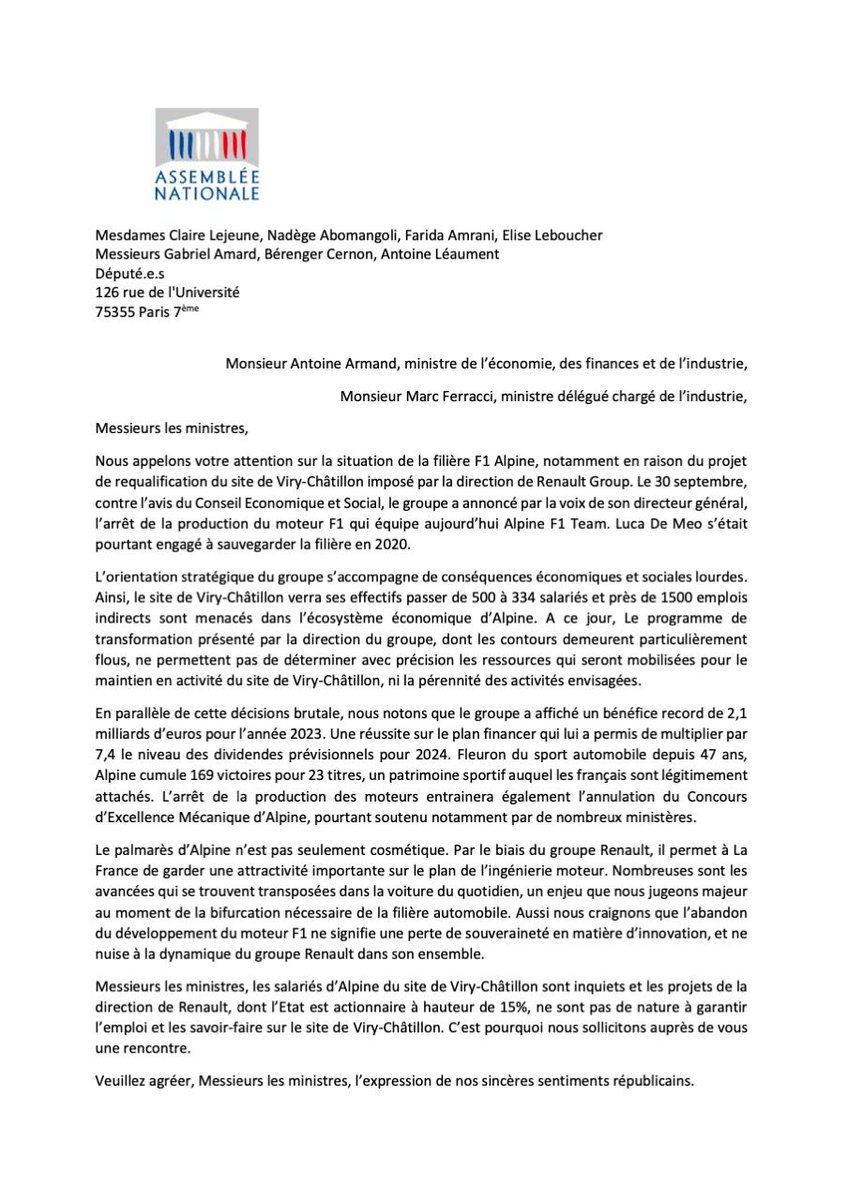 ClaireMLejeune's tweet photo. J'ai adressé cette lettre aux ministres @antoine_armand  @FerracciMarc au sujet du site Alpine à Viry-Châtillon.

Nous alertons sur la grave perte de souveraineté industrielle et technologique que provoquerait le plan de transformation prévu par Renault.

L'Etat doit intervenir! https://t.co/CHOvbwna2S