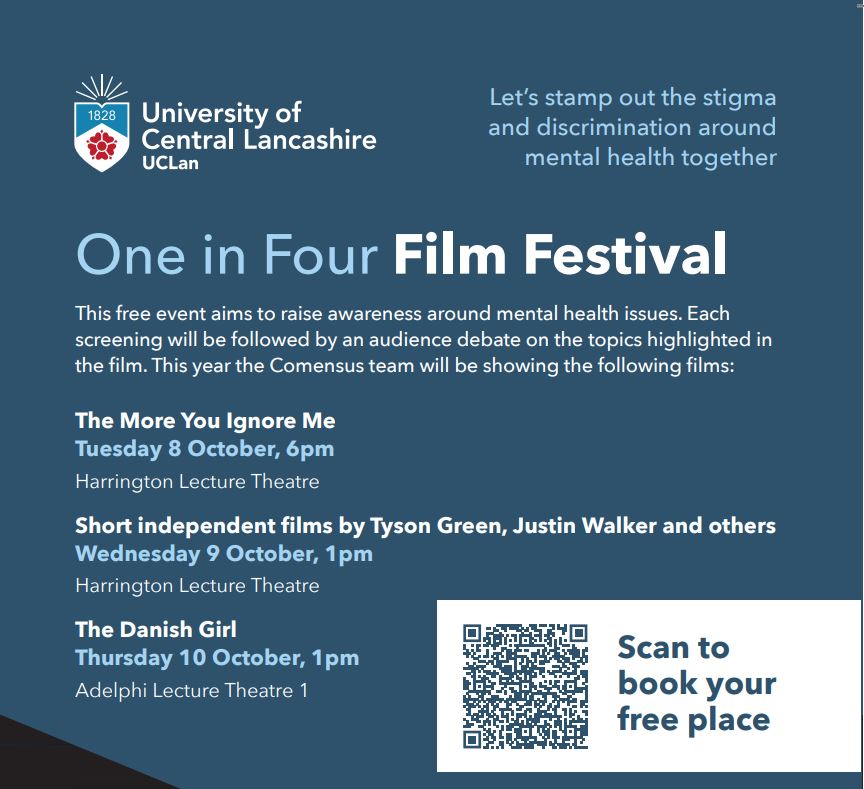 It's the opening night of our One in Four Film Festival tonight  @UCLan ! Highlighting Mental health issues and choosing films to promote discussion and debate, this service user-led festival is now in its 19th year! Click below to register for your free ticket at Preston campus.
