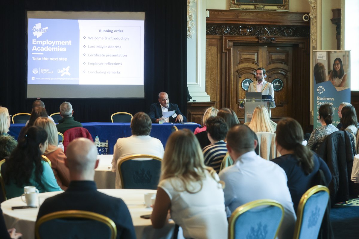 michael_x_kane's tweet photo. 🌟 🌟 🌟 Hearty congratulations to the latest 27 #belfastcity residents who graduated from their #Employment #Academy in Professional Services this morning, at City Hall. The majority of this group are now in employment, with exciting career prospects ahead of them. https://t.co/lg56cquCAJ