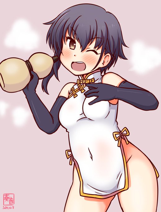 「夜はちょこっと冷えるねー。飲んじゃおっかー!
 体あったまるよー!どうかな!?」

#艦これ版真剣お絵描き60分一本勝負_20241008
#伊14 