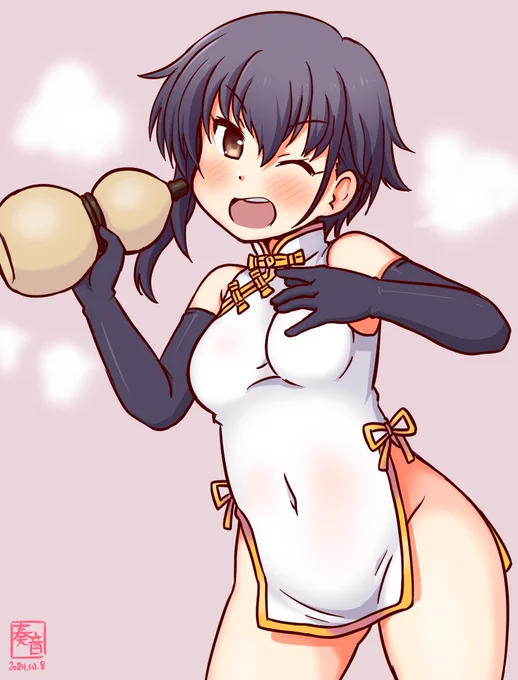 「夜はちょこっと冷えるねー。飲んじゃおっかー! 体あったまるよー!どうかな!?」#艦これ版真剣お絵描き60分一本勝負_20241008#伊14 