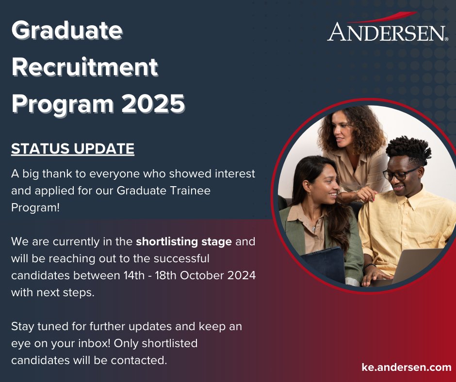 Andersen_KE's tweet image. Thank you to everyone who showed interest and applied to our Graduate Trainee Program 2025. We are currently in the shortlisting stage and will reach out to successful candidates with next steps between 14th - 18th October 2024.

#AnderseninKenya #GraduateTraineeProgram