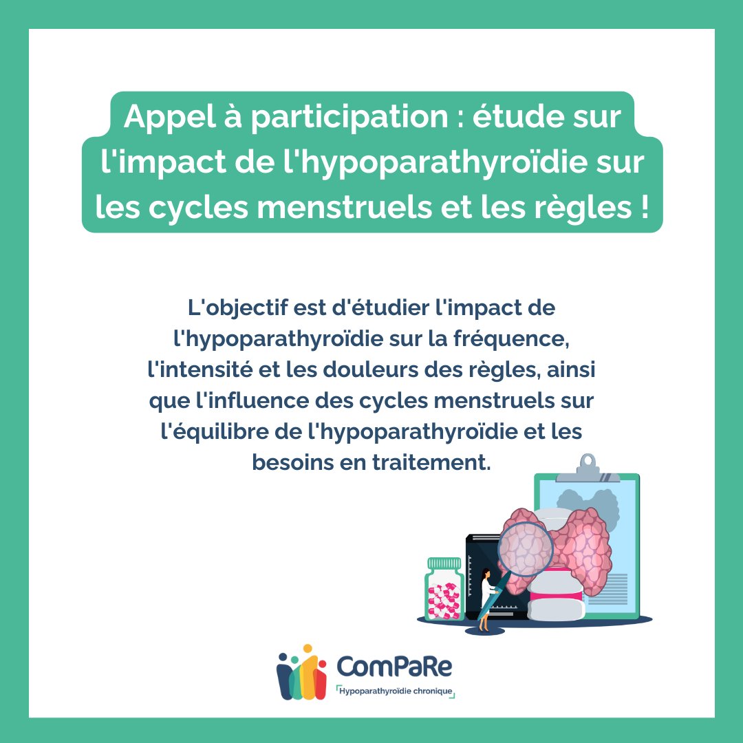 ComPaRe, Communauté de Patients pour la Recherche (@patientscompare) on Twitter photo 📢 Participez à notre étude sur l'impact de l'hypoparathyroïdie sur les cycles menstruels !
Vos réponses sont précieuses pour améliorer la prise en charge.
Remplissez le questionnaire dans votre espace ComPaRe. 👉compare.aphp.fr
 #santedesfemmes #cyclesmenstruels 📢 Participez à notre étude sur l'impact de l'hypoparathyroïdie sur les cycles menstruels !
Vos réponses sont précieuses pour améliorer la prise en charge.
Remplissez le questionnaire dans votre espace ComPaRe. 👉compare.aphp.fr
 #santedesfemmes #cyclesmenstruels