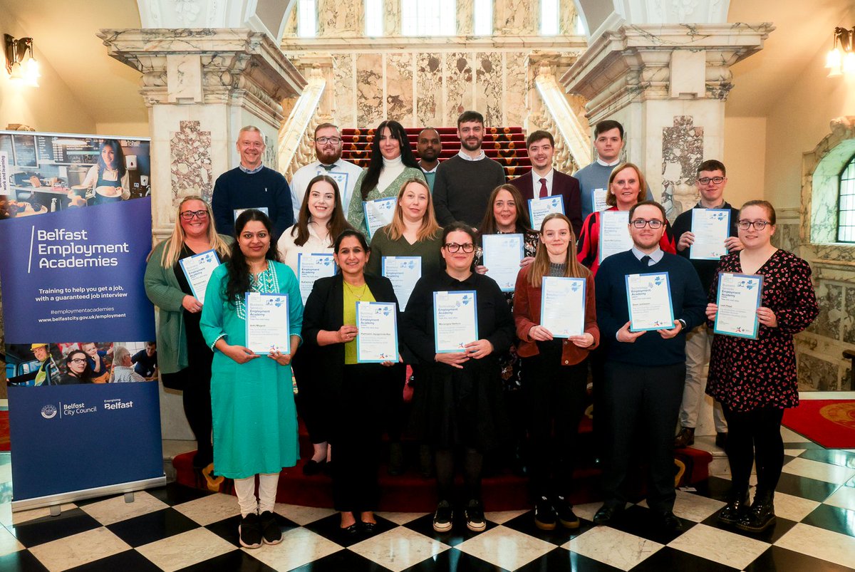michael_x_kane's tweet photo. 🌟 🌟 🌟 Hearty congratulations to the latest 27 #belfastcity residents who graduated from their #Employment #Academy in Professional Services this morning, at City Hall. The majority of this group are now in employment, with exciting career prospects ahead of them. https://t.co/lg56cquCAJ