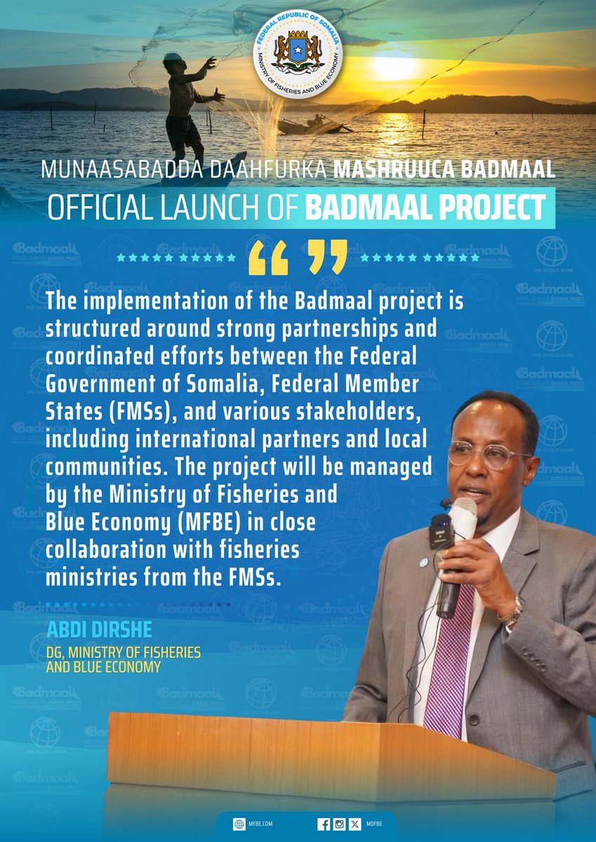 ADirshe's tweet photo. Building a resilient, climate-smart fisheries industry is key to Somaliaโs vibrant blue economy. Through infrastructure development, community empowerment, governance reforms, and strong partnerships, the @Badmaal_MFBE project aims to benefit all, especially coastal communities. https://t.co/ggE6z4ohI5