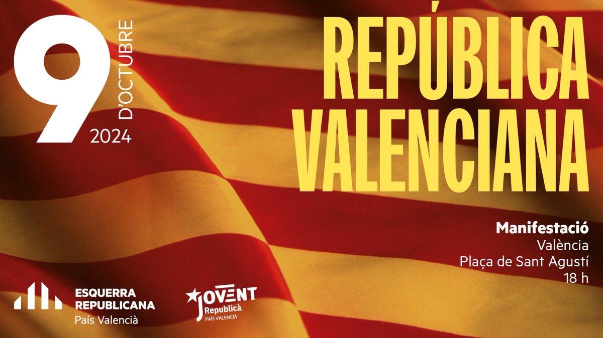 esquerrapv's tweet photo. Demà eixim als carrers per a celebrar i reivindicar una República Valenciana al servici del benestar de les persones ✊🏻

T'esperem a les 18h a la Plaça de Sant Agustí 👨🏻‍🤝‍👨🏽👫🏽 #9Octubre https://t.co/GEA9DbcWNl