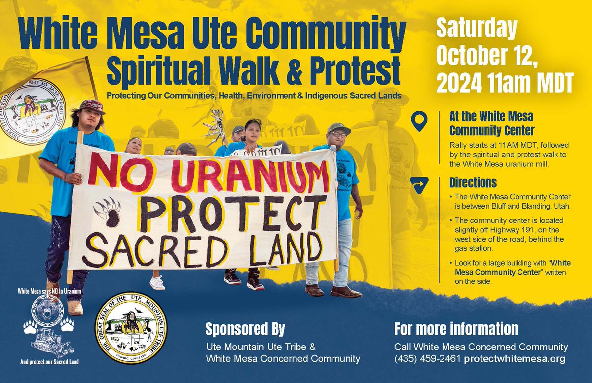 Join the spiritual walk to protect the White Mesa Ute community’s health, water, air, land, culture &amp; sacred sites from the White Mesa uranium mill &amp; oppose the mill operating as an international dumping ground for radioactive waste from around the world. protectwhitemesa.org