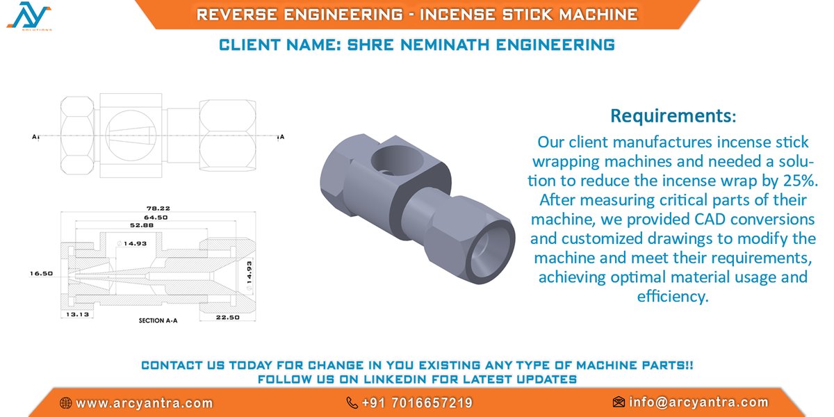 Arcyantra's tweet photo. Just helped a client reduce incense wrap by 25% on their incense stick wrapping machine! Using precise measurements, we provided CAD conversions and custom drawings to modify their machine for better efficiency. 💡

#ReverseEngineering #CAD #Manufacturing #Optimization https://t.co/UQECIXY6nm