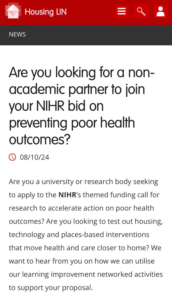 Jeremy Porteus (@jeremyhlin.bsky.social) (@jeremy_hlin) on Twitter photo Are you applying to this call? Are you looking to test how timely housing & tech actions can prevent poor health outcomes?
Weāve collaborated on other <a href="/NIHRresearch/">National Institute for Health and Care Research</a> funded progs. Contact us to discuss how we could work with you:
housinglin.org.uk/News/Are-you-l⦠Are you applying to this call? Are you looking to test how timely housing & tech actions can prevent poor health outcomes?
Weāve collaborated on other <a href="/NIHRresearch/">National Institute for Health and Care Research</a> funded progs. Contact us to discuss how we could work with you:
housinglin.org.uk/News/Are-you-lā¦