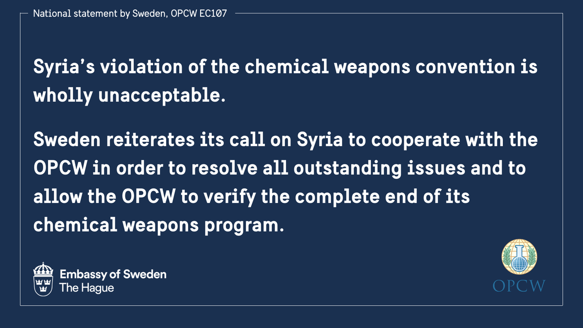ZwedeninNL's tweet photo. At the Executive Council's 107th session, Ambassador Oljelund @ambsenl reads Sweden’s National statement. 
Entire statement on our website now: ➡️: https://t.co/yyjMNt4NPT

#EC107 #CWC @OPCW https://t.co/r0dwvE1CQl