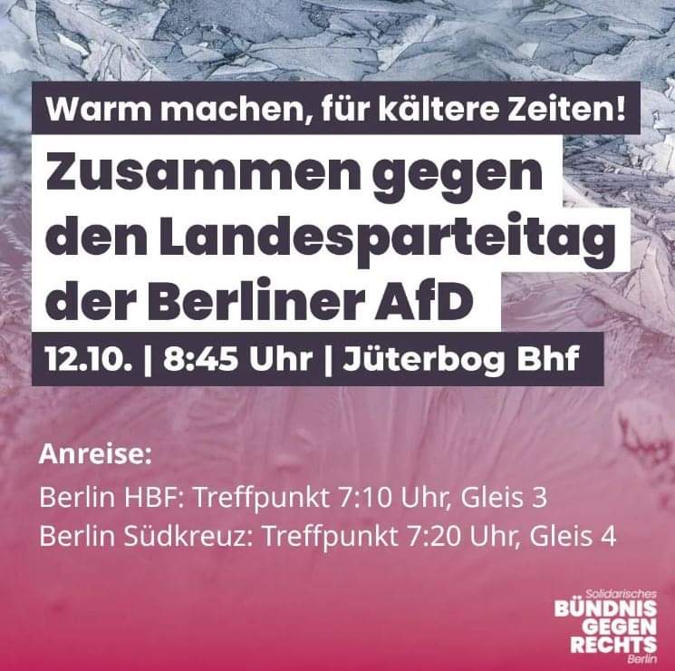IrisRoder42813's tweet photo. 12.10.2024 #JÜTERBOG
https://t.co/enPSsCeode
#PROTESTAKTION gegen AfD- Landespareitag: Warm machen für kältere Zeiten!
Nähere Infos im Link: https://t.co/MNso87Upfo