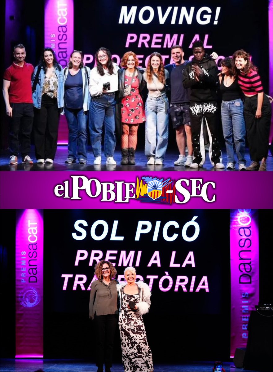 Premiats poble-sequins als 'Premis DansaCat 2024' al millor projecte social 'Moving!' del Pla d'Acollida i a la trajectòria de Sol Picó a l'edició d'enguany. Moltes felicitats! 😍🅾️🅿️💙 #PremisDansaCat24 #Poblesec #OrgullPoblesequi