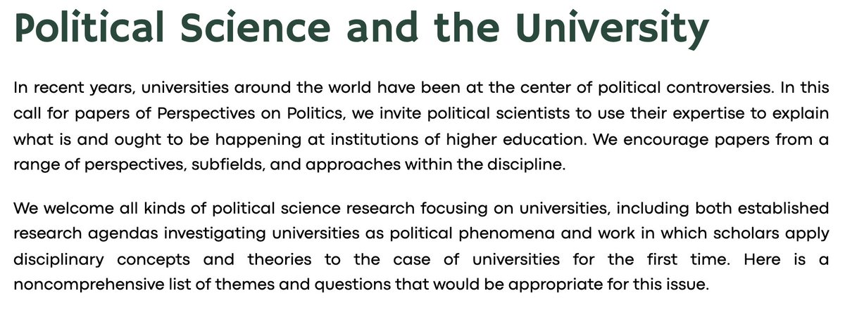 Wendy Pearlman (@wendy_pearlman) on Twitter photo 💥💥Call for papers!!💥💥
<a href="/PoPpublicsphere/">Perspectives on Politics</a> seeks articles for a special issue titled "POLITICAL SCIENCE AND THE UNIVERSITY." With guest editors <a href="/AnjaNeundorf/">Anja Neundorf</a> <a href="/ProfessorPape/">Robert A. Pape</a> & <a href="/NTampio/">Nicholas Tampio</a>. Spread the word & submit your work! <a href="/APSAtweets/">APSA</a>
Details here: 👉 cambridge.org/core/journals/… 💥💥Call for papers!!💥💥
<a href="/PoPpublicsphere/">Perspectives on Politics</a> seeks articles for a special issue titled "POLITICAL SCIENCE AND THE UNIVERSITY." With guest editors <a href="/AnjaNeundorf/">Anja Neundorf</a> <a href="/ProfessorPape/">Robert A. Pape</a> & <a href="/NTampio/">Nicholas Tampio</a>. Spread the word & submit your work! <a href="/APSAtweets/">APSA</a>
Details here: 👉 cambridge.org/core/journals/…