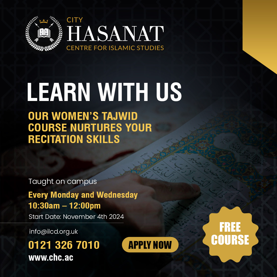 hcis_uk's tweet photo. Join Our Women’s Tajwid Course and learn to master Qur'anic recitation from scratch and perfect your pronunciation with Tajwid rules.

APPLY NOW: https://t.co/7HsdCOUMCn​

0121 326 7010​
info@ilcd.org.uk​
https://t.co/9ET63BOpne

#TajwidCourse #QuranRecitation https://t.co/wESzJLOUpR