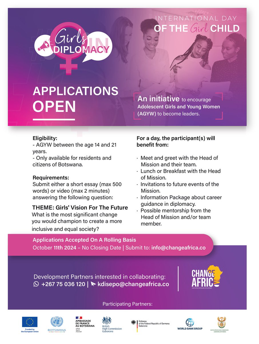 We’re back! The Girls in Diplomacy initiative resumes! 

Open to young women 14-21 in Botswana. Apply now for a chance to lead! 🌍 Info: info@changeafrica.co #GirlsInDiplomacy