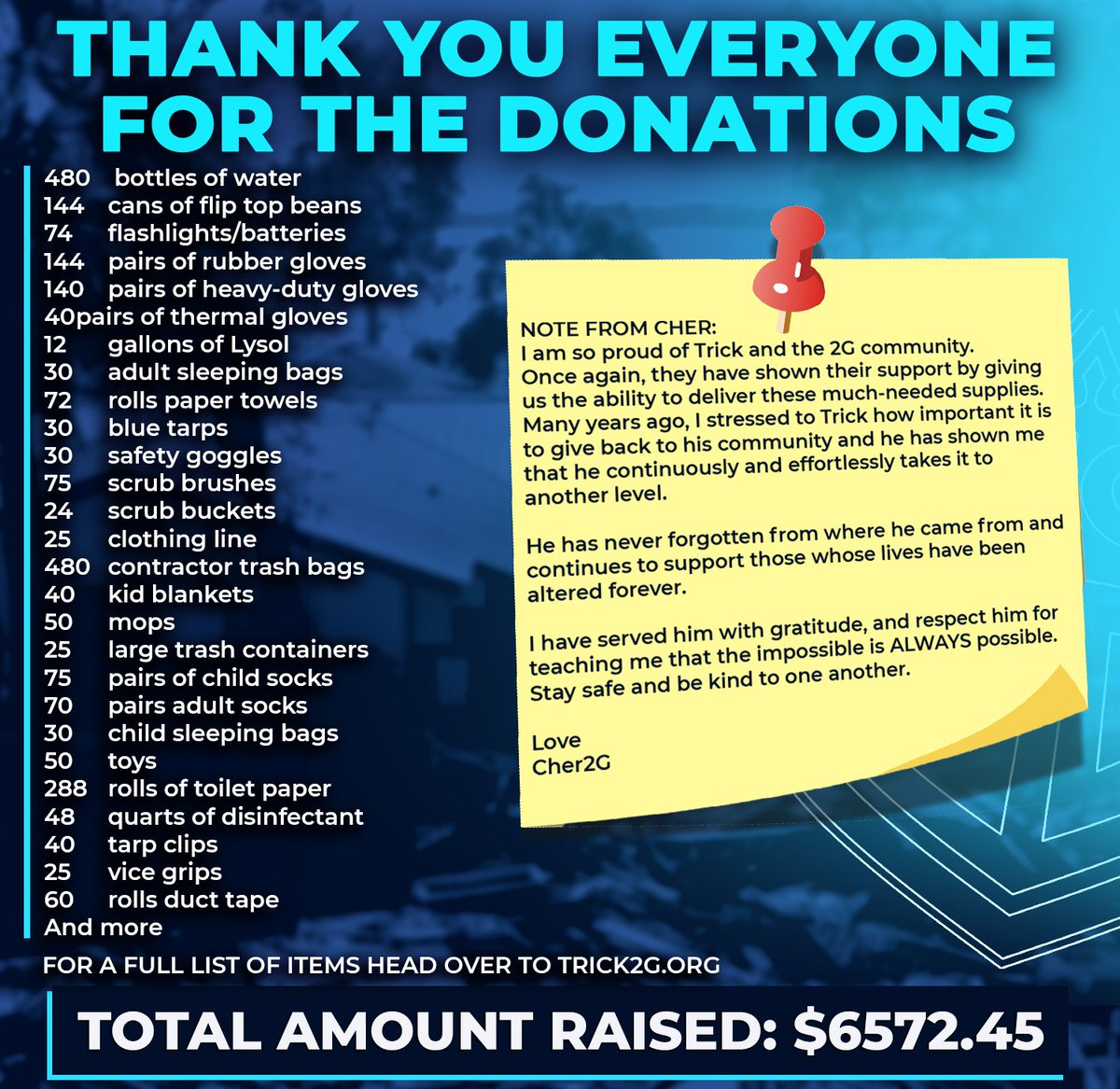 Thanks to all that donated. We are still adding to this list with diapers, formula, hoodies, blankets and more.  This is Cher posting on tricks behalf with much love to the 2G army and Trick2G for continuously stepping up. We will post along our delivery trip.