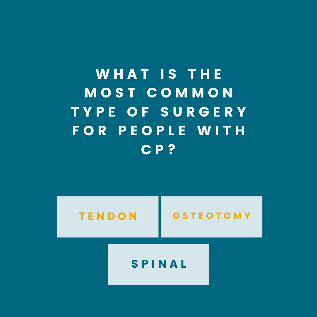 UCPnational's tweet photo. Today is Teach Tuesday! Today's question is: What is the most common type of surgery for people with CP?
A. Tendon
B. Osteotomy
C. Spinal

the answer is A and B!

To learn more about UCP please visit https://t.co/MsS4DWTiVz
To donate please visit https://t.co/HOQ5PiBY31 https://t.co/HrSTwfPSli