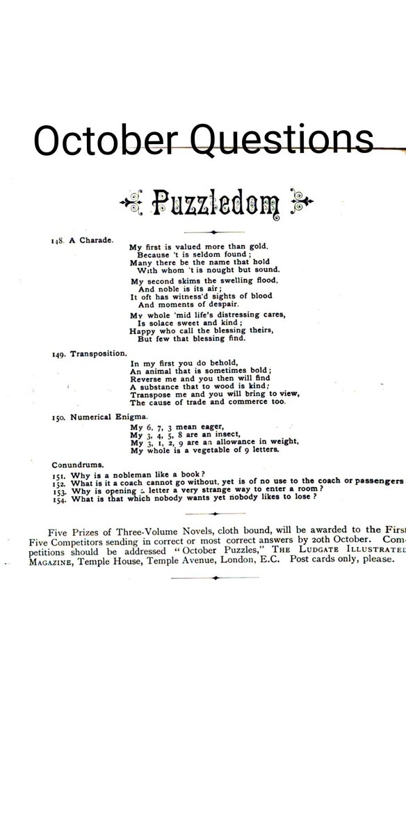 VictorianParade's tweet photo. Hey lovely listeners, 

I hope your October is starting out strong.

How are your #riddle skills?

Try your hand at these from October 1894 published in The Ludgate.

Then check out our #Podcast Victorian Periodical Parade 

https://t.co/0TLhMLX0zA https://t.co/9RvaBwVRV6