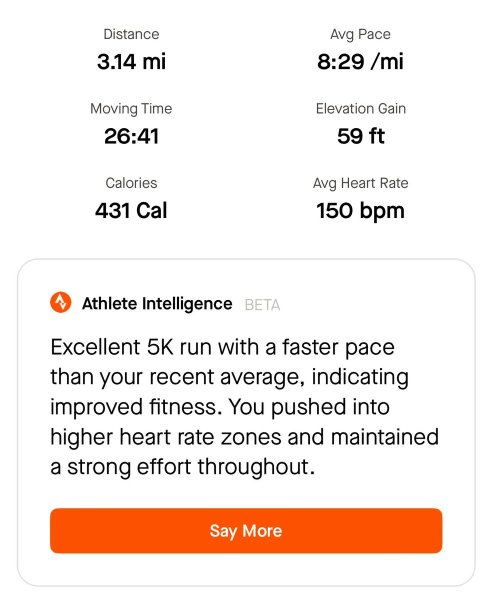 dblockdotorg's tweet photo. I must say I really like @Strava ‘s “Athlete Intelligence”! It’s a good use of AI that comments on your runs based on other runs.

Would love it in the API for Slava and Strada, to comment on Slack and Discord posts. @StravaEng 

https://t.co/gzveG8pOuv
https://t.co/T9Si185g52 https://t.co/7F2O9vgPIC