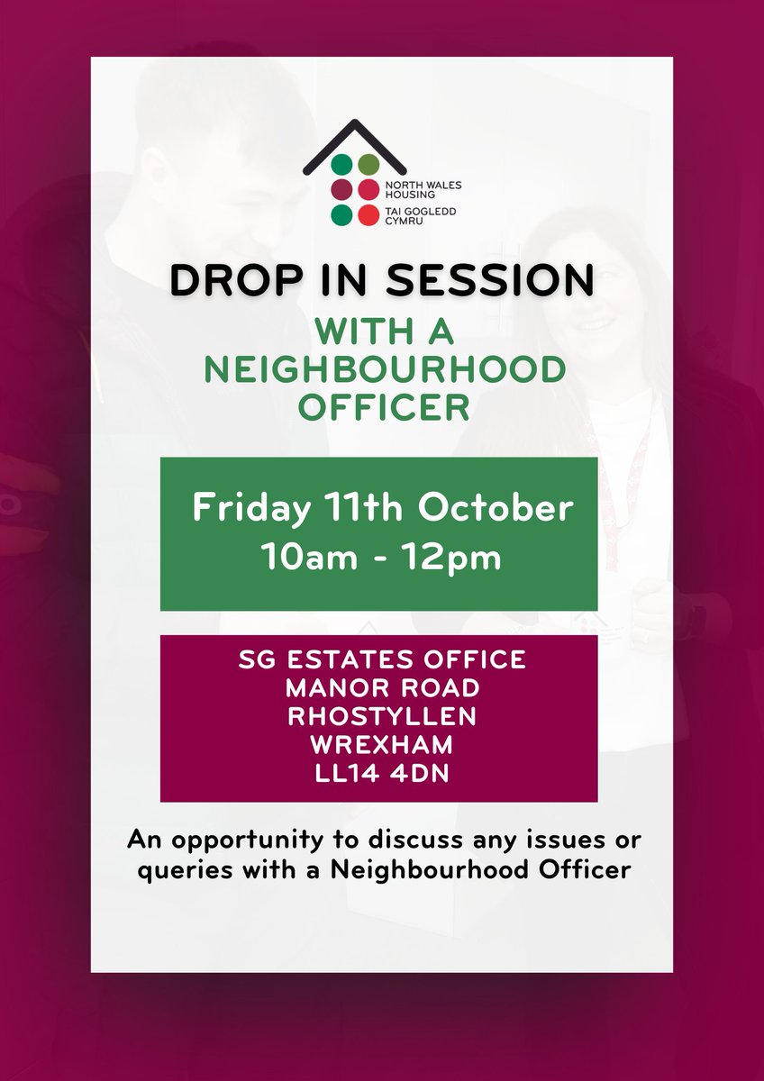 🗓️ Drop-In Session! 🏡

📍 SG Estates Office, Manor Road, Rhostyllen, Wrexham LL14 4DN
🕙 10am - 12pm

A great opportunity for NWH residents to discuss any issues or queries with a Neighbourhood Officer. 

Your voice matters! We'll see you there! 💬✨