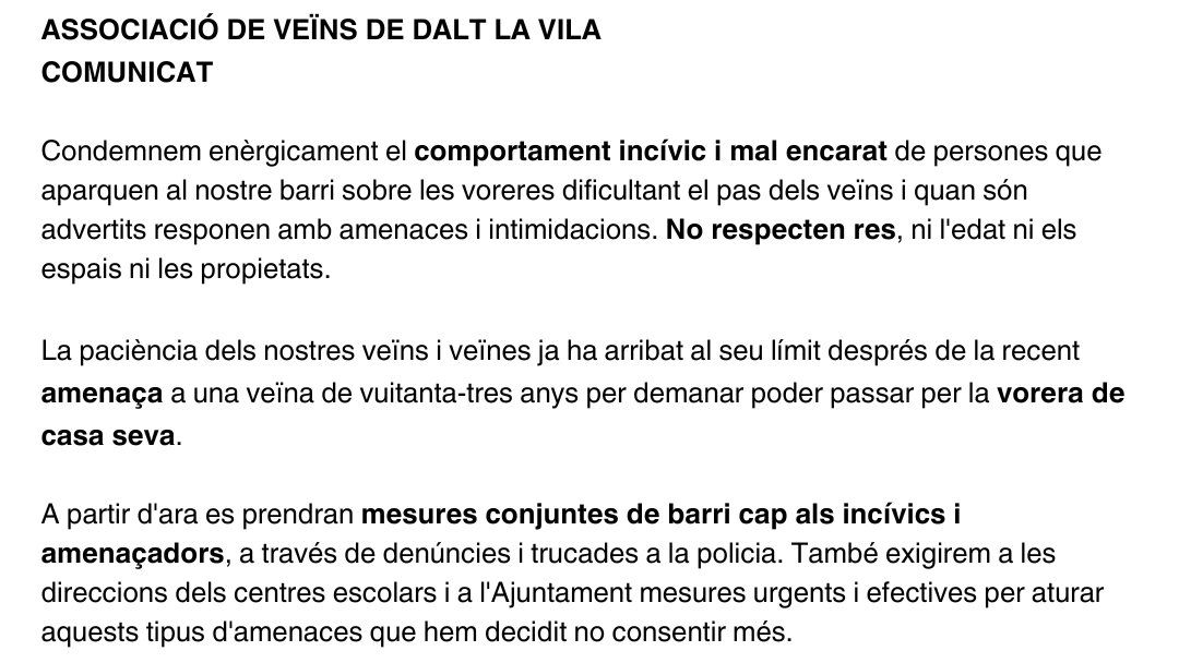 📢 COMUNICAT DE l'ASSOCIACIÓ DE VEÏNS DE #DALTLAVILA 👇